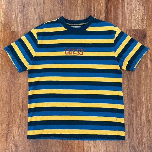 Vintage Guess Originals Mens Medium Blue Yellow Striped Embroidered T-Shirt - Picture 1 of 7